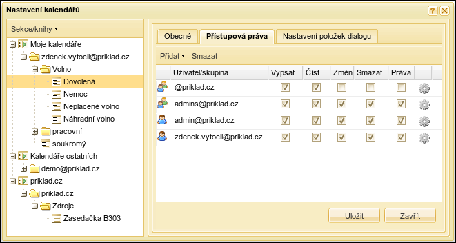 Přístupová práva kalendáře