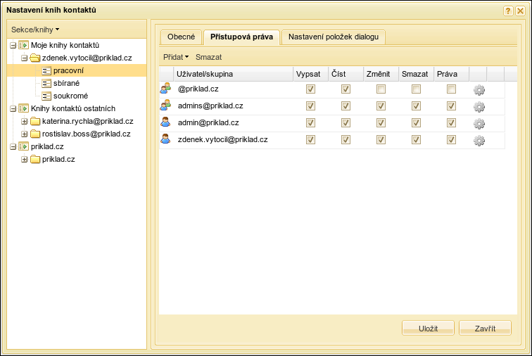 Přístupová práva knihy kontaktů