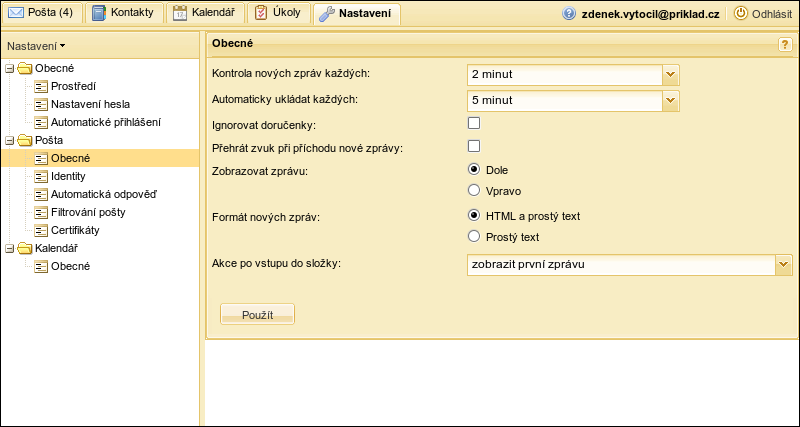 Obecné nastavení pro poštu