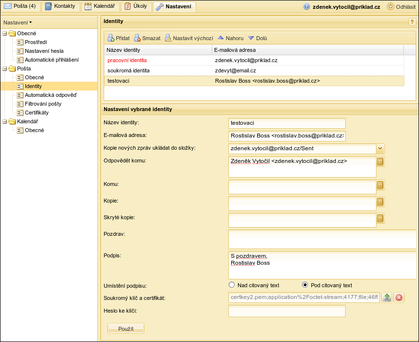 Osobní certifikát a klíč u poštovní identity