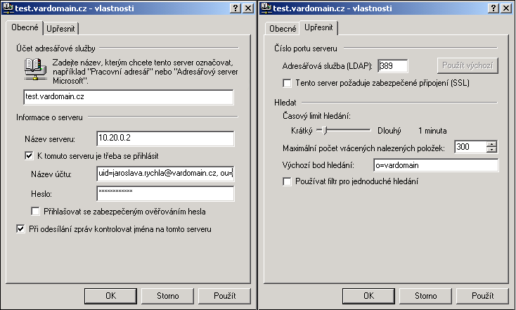 Podrobné nastavení adresářové služby